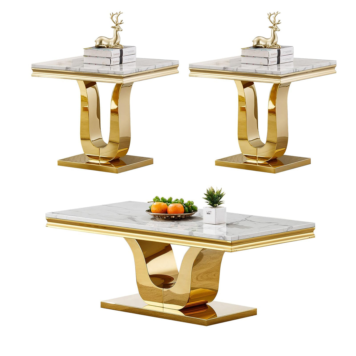 Set of 3 Faux Marble Coffee End Table Gold U Stainless Steel Base