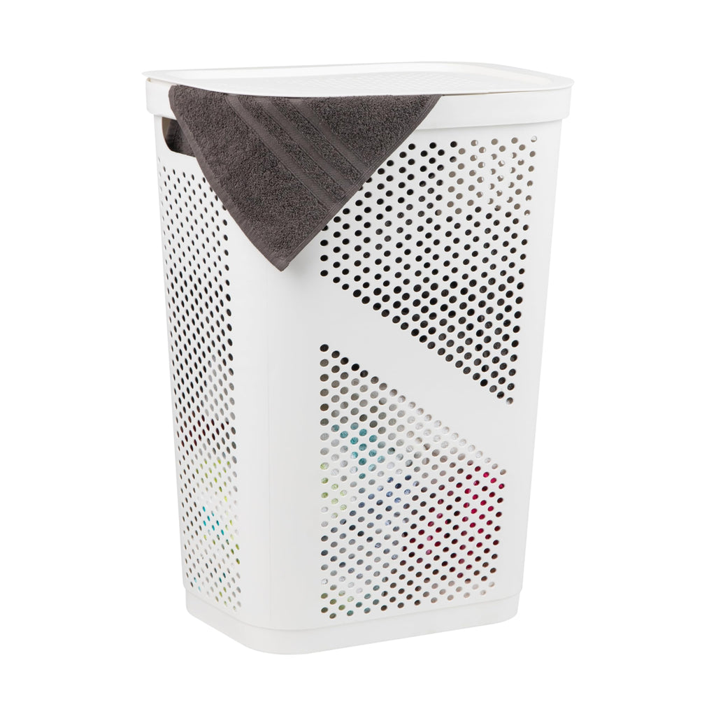 Slim Laundry Hamper with Lid, 60L Clothes Basket, Ventilated Plastic, White