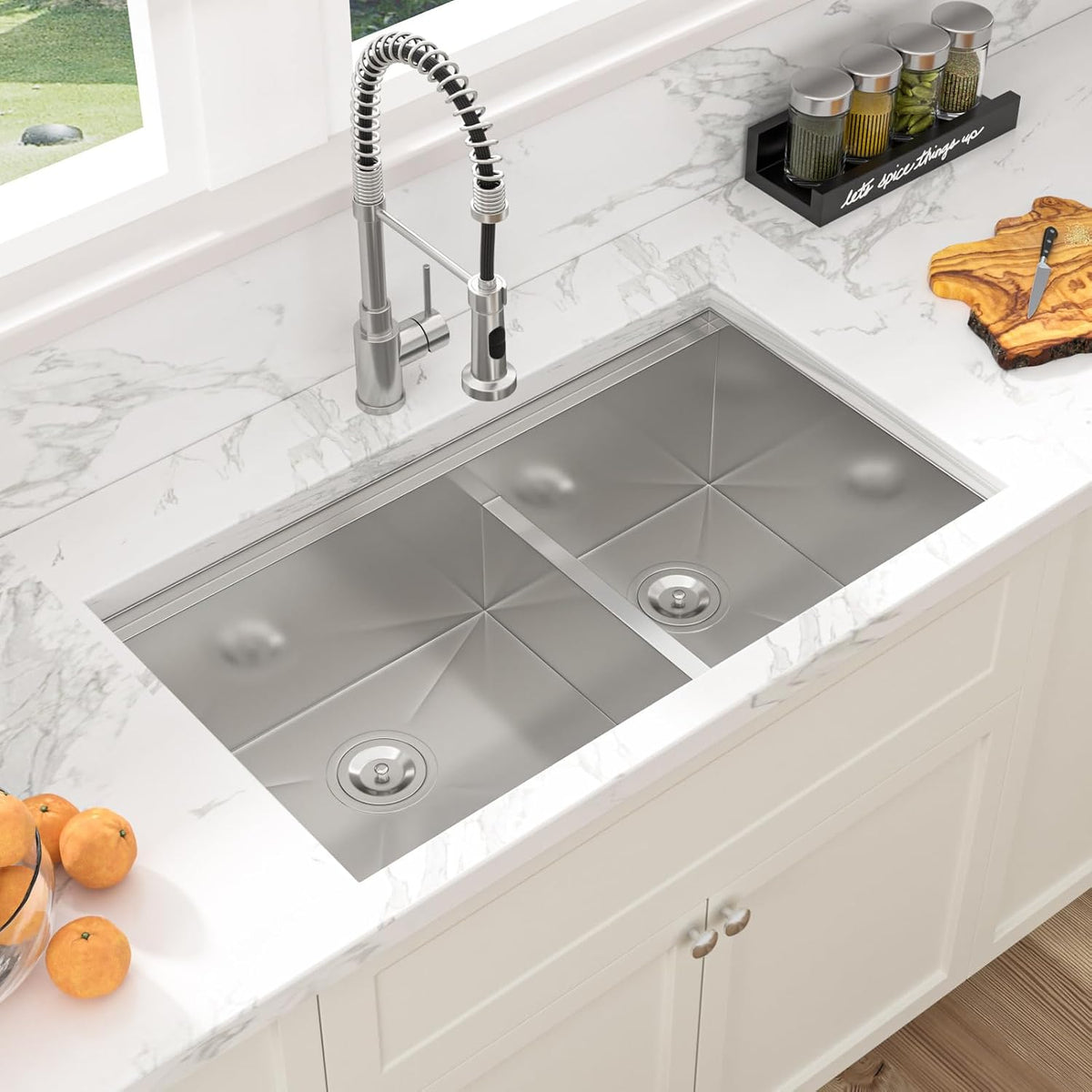 32 Undermount Kitchen Sink Double Bowl- 32x19 Inch Double Undermount Sink Stainless Steel 16 Gauge Ledge Workstation