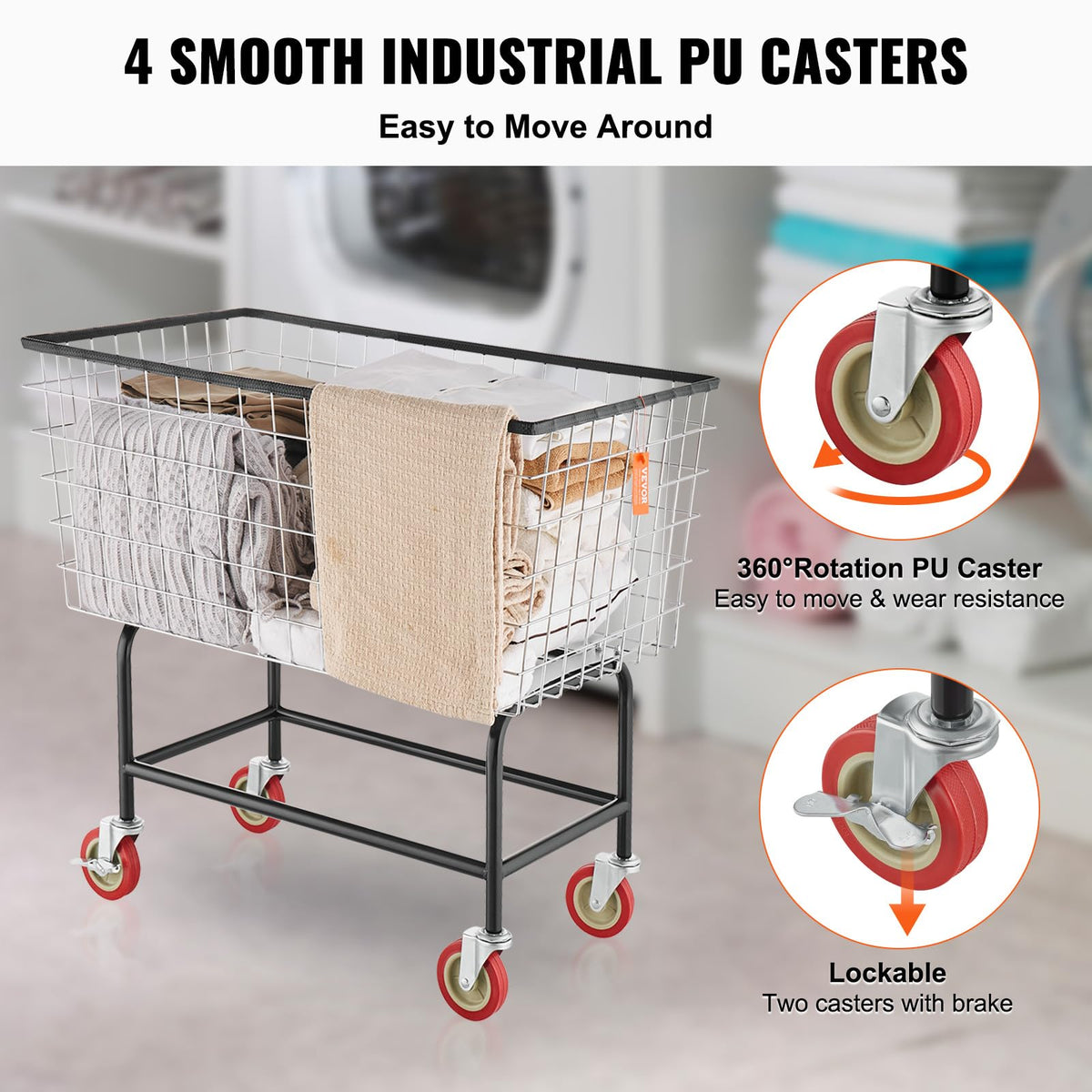 Wire Laundry Cart, 3.8Bushel Wire Laundry Basket with Wheels, 32.5''x21.3''x29.9'', Commercial Laundry Basket, Steel