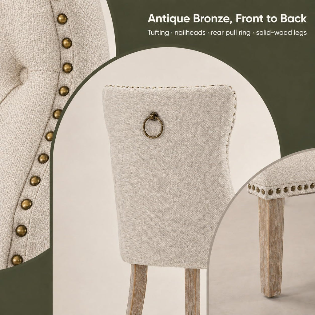 Beige-White Set of 6, Tufted Kitchen & Dining Room Chairs