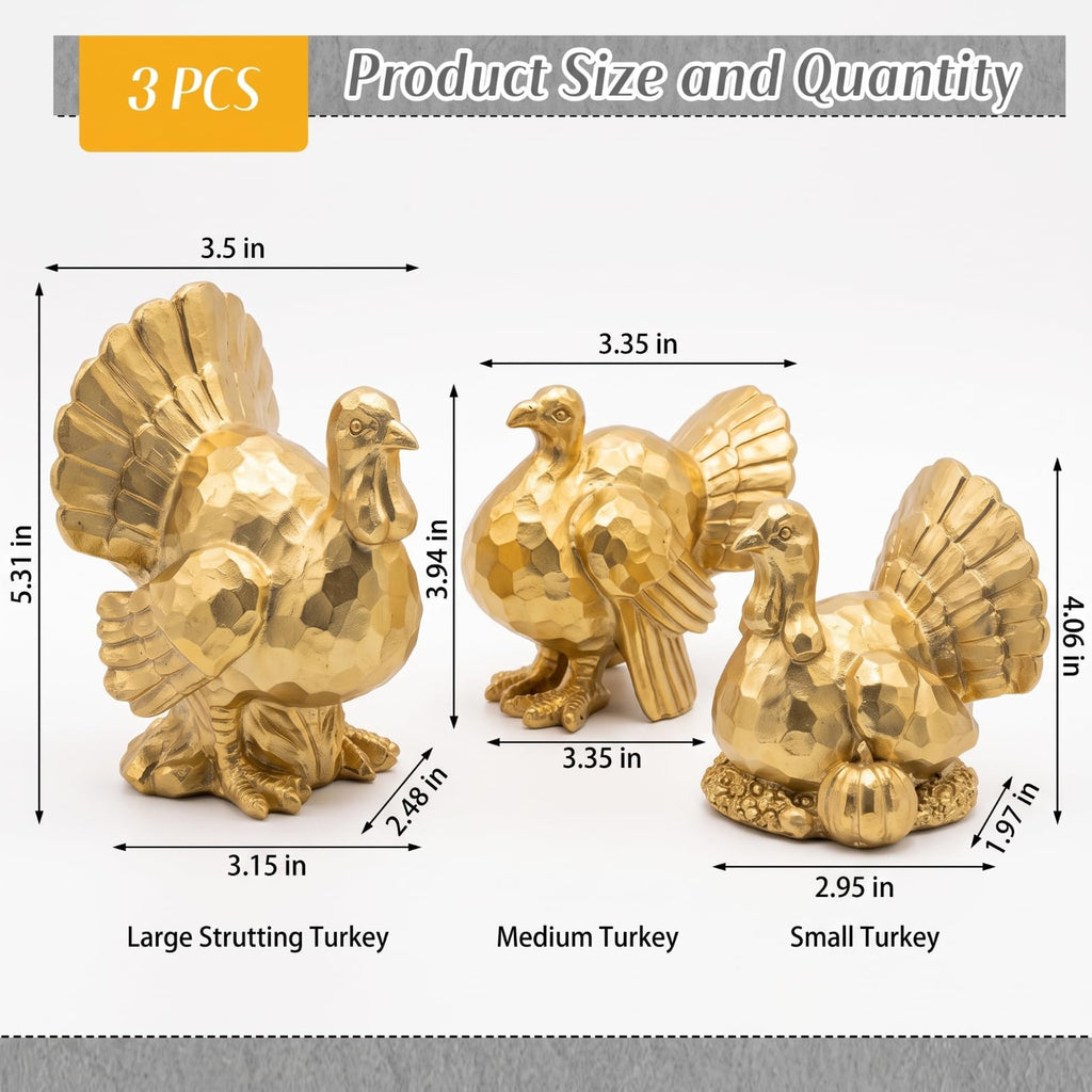 3 Pack Thanksgiving Turkey Decor Gold Resin Turkey Figurine