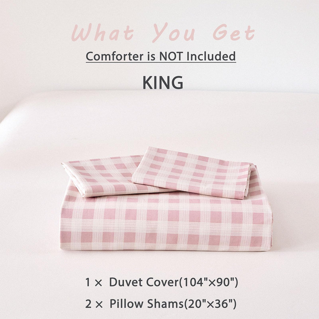 Cottage Gingham 100% Cotton Duvet Cover 3PC - Sweet Blush Pink & Soft White Mini Check Pattern, Modern