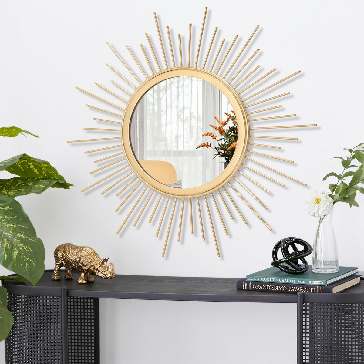 Large Gold Spoked Sunburst Wall Mirror Boho Home Decor Round Wall Art Mirror Modern Metal Mirrors for Wall Living