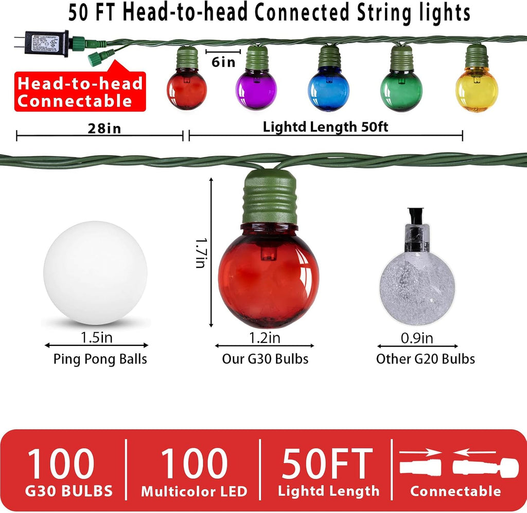 100 LED 50Ft Globe Christmas Lights Outdoor, Round G30 Christmas Small Balls Lights, Connectable Waterproof, Backyard