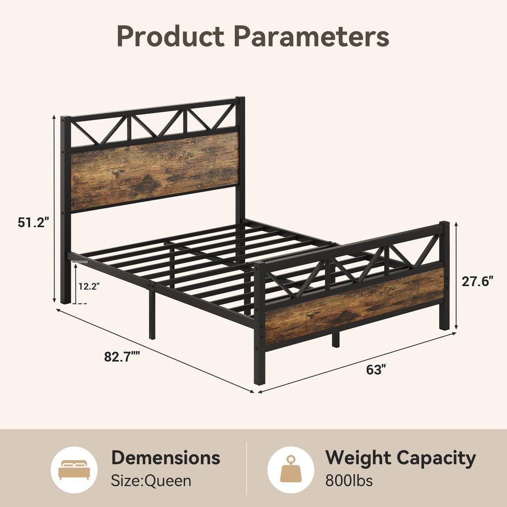 Bed Frame, 51.2" Tall Industrial Headboard, Rustic Brown