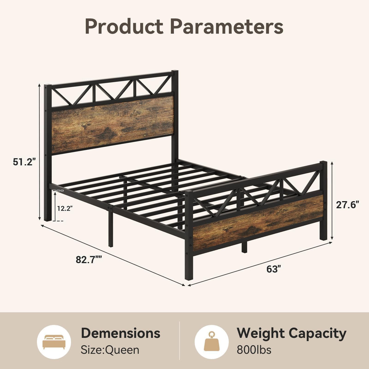 Bed Frame, 51.2" Tall Industrial Headboard, Rustic Brown