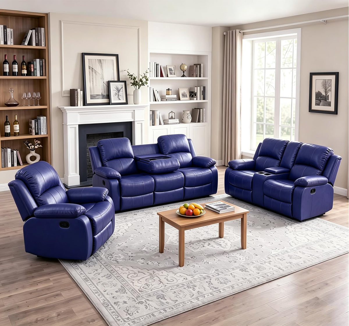 Leather Recliner Sofa Set, Leather Reclining Couch Furniture Sets, Purple Recliner Couch with 5 Recliners
