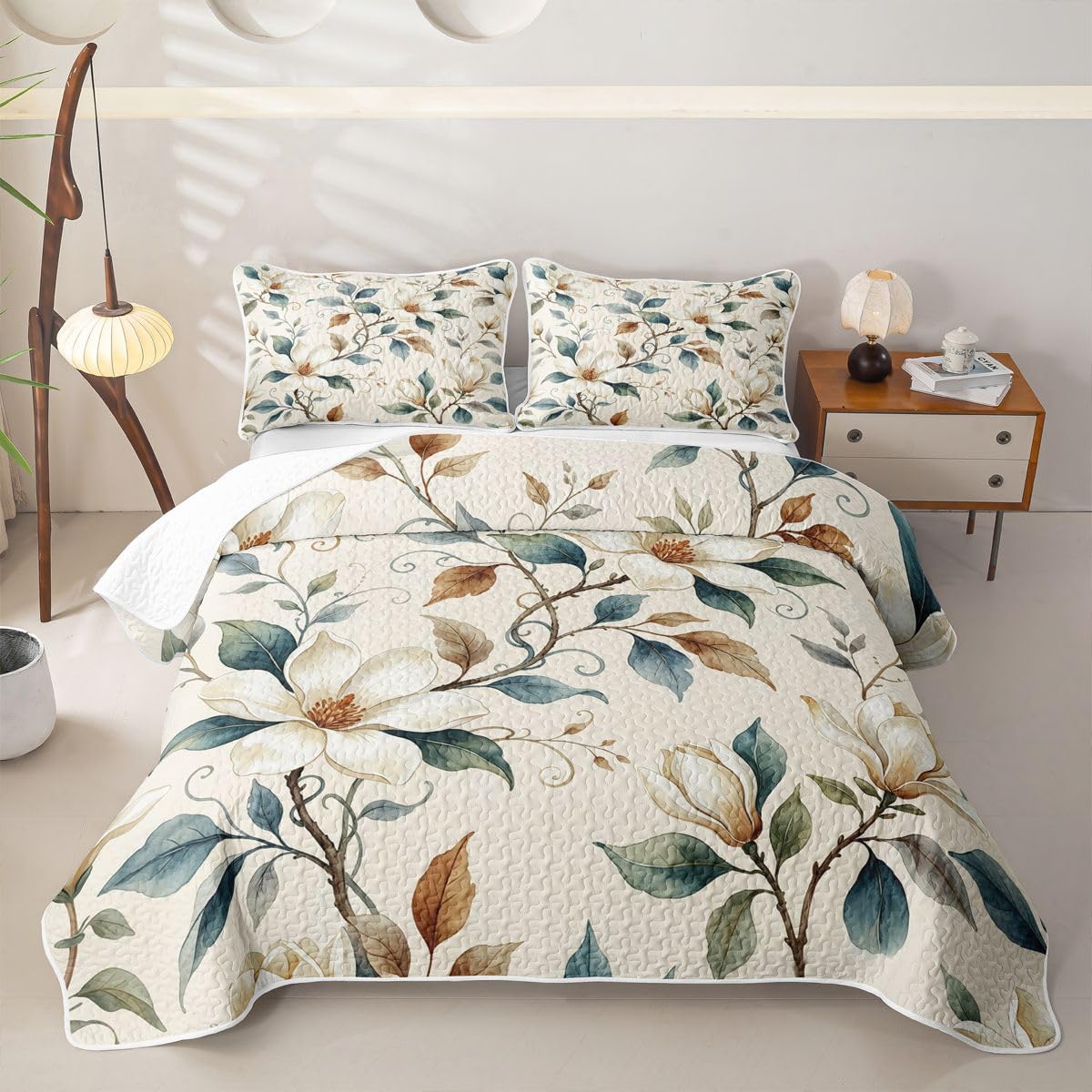 Abstract Floral Quilt Set, French Country Romantic Floral Quilted Coverlet, Retro Farmhouse Style Bedspread