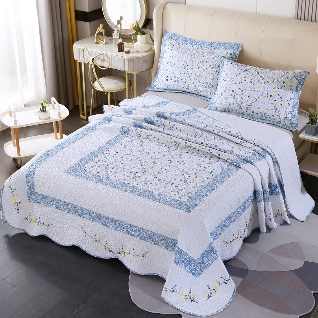 3 Pieces Cotton Quilted Embroidered Bedspread Set Oversized Lightweight Reversible Coverlet Comforter Soft Warm