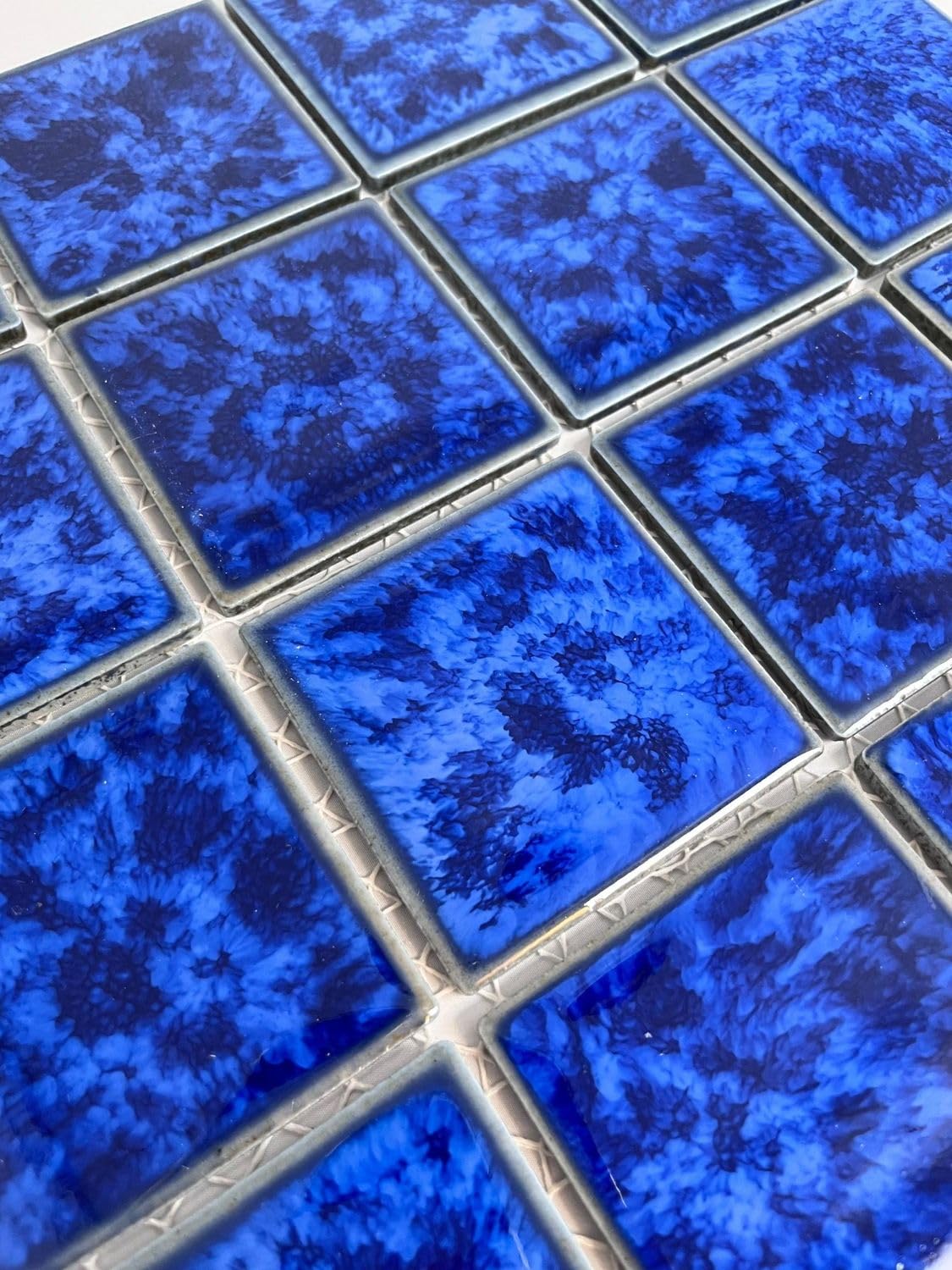 TPACFD-PL Ultramarine Blue 3x3 Porcelain Pool Mosaic Tile, Water Splash Effect, Mesh-Mounted for Swimming Pool