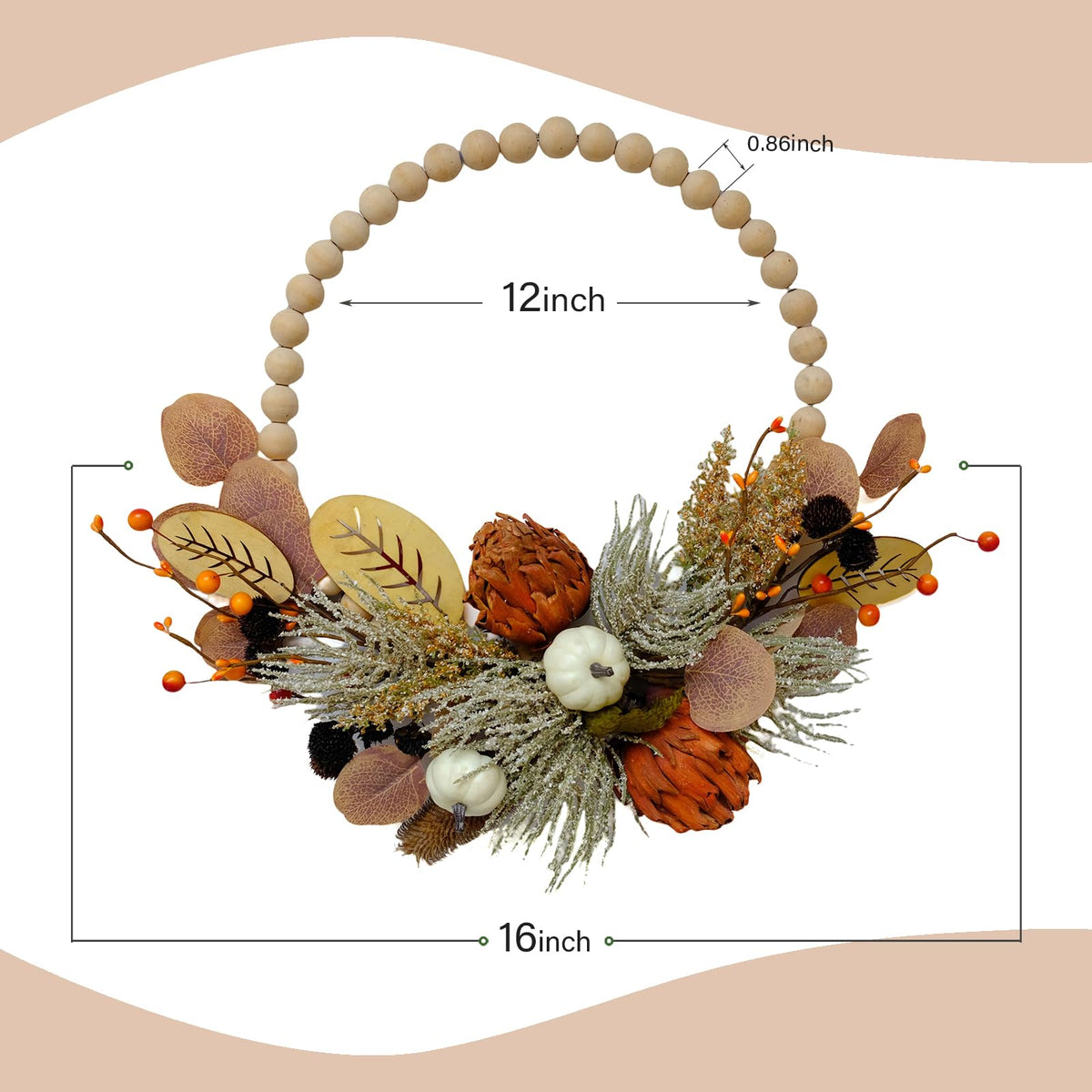 16" Artificial Fall Wooden Beads Wreath with Leaves, Chrysanthemums & Mini Pumpkins - Handcrafted Harvest Decor for