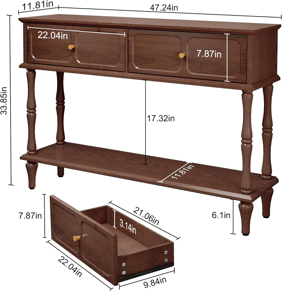 Console Table with Drawers , Mid-Century Entryway Table with Storage, Brown Narrow Entryway Table with Open Shelf