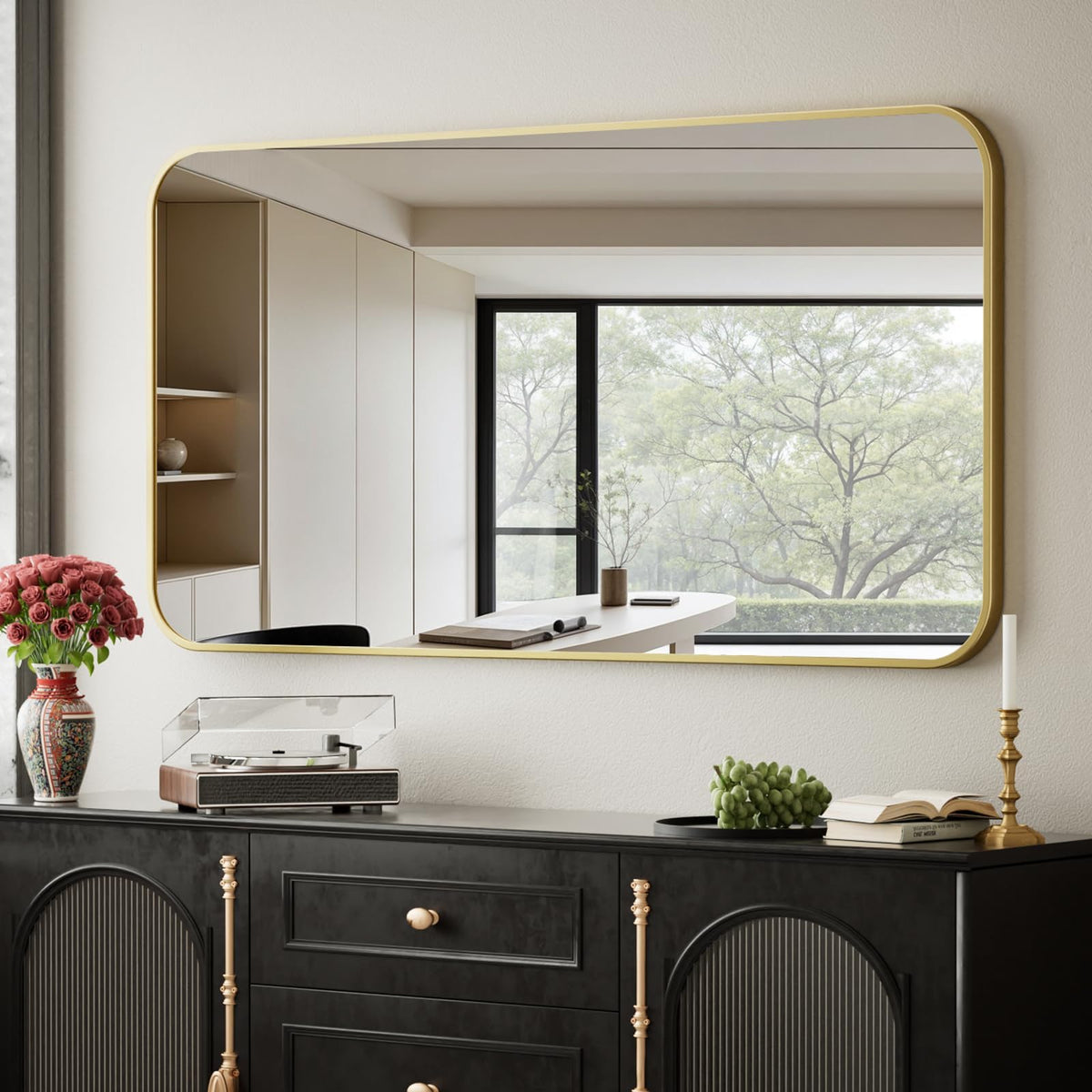 30x40 Black Metal Frame Rectangle Vanity Mirror,Rounded Corners