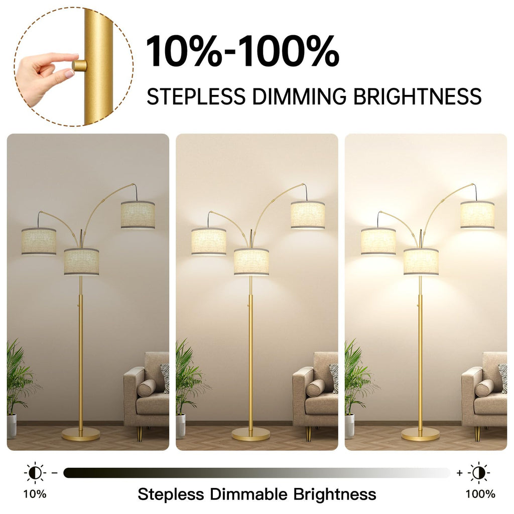 Dimmable Floor Lamp, 3 Lights Gold Arc Floor Lamp, Modern Tall Standing Tree Lamp with White Linen Shades & Heavy