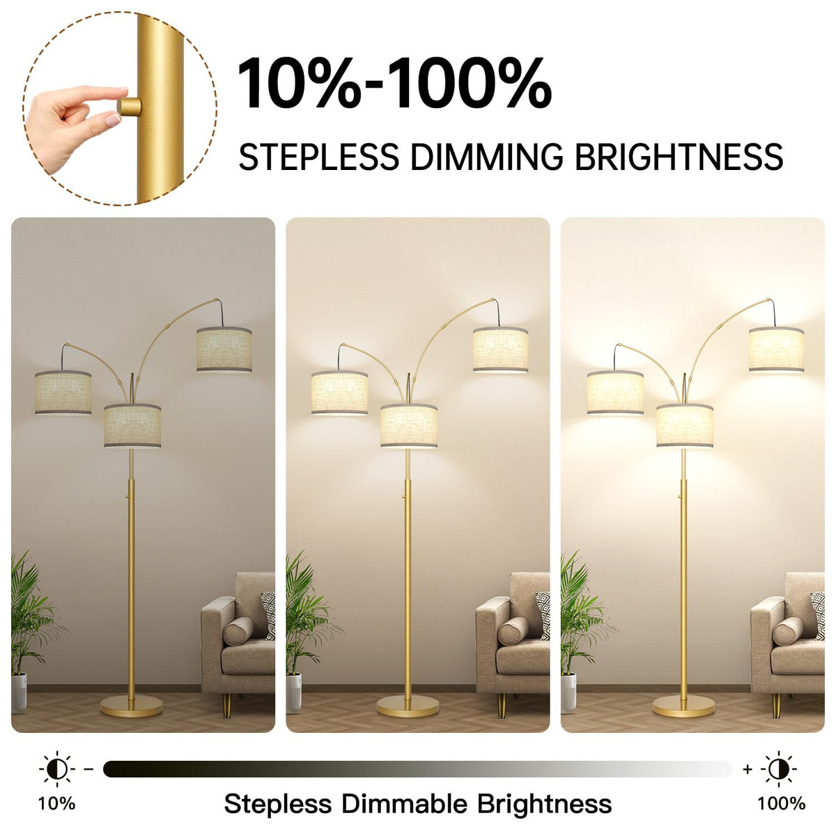 Dimmable Floor Lamp, 3 Lights Gold Arc Floor Lamp, Modern Tall Standing Tree Lamp with White Linen Shades & Heavy
