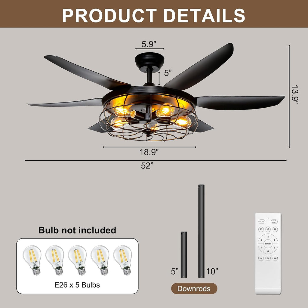 52" Black Caged Ceiling Fan with Light & Remote