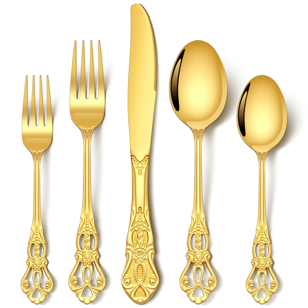 60 Pcs Retro Royal Gold Silverware Set, Stainless Steel Gold Utensils Cutlery Set for 12, Gorgeous Flatware Set