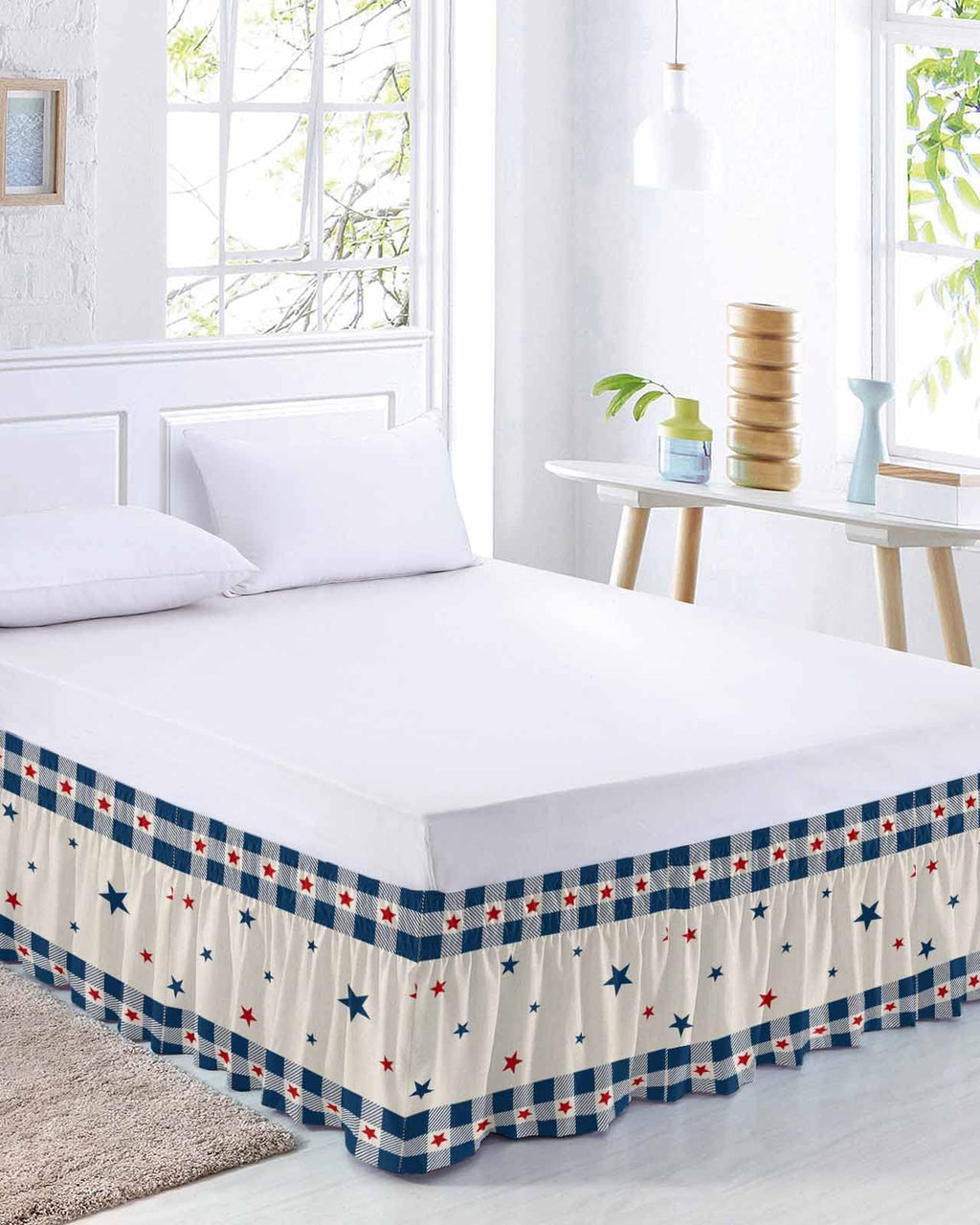 Blue Red Stars Bed Skirt 16 Inch Drop, Adjustable & Elastic Wrap Around Bed Skirts Pleated Luxury Dust