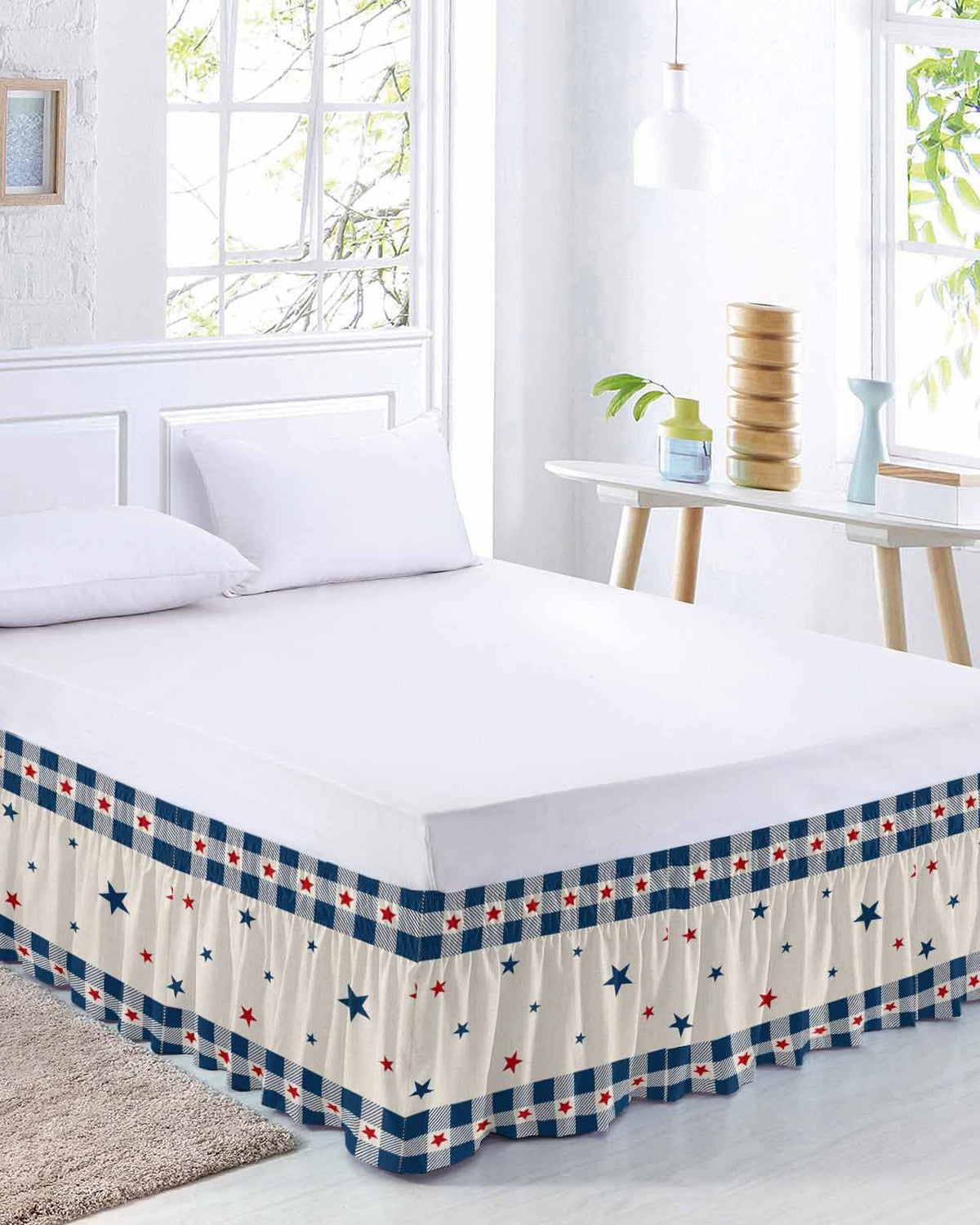 Blue Red Stars Bed Skirt 16 Inch Drop, Adjustable & Elastic Wrap Around Bed Skirts Pleated Luxury Dust