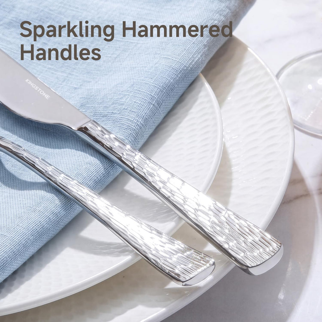 65 Pcs 18/10 Steel Silverware Set with Serving Utensils, Hammered Flatware