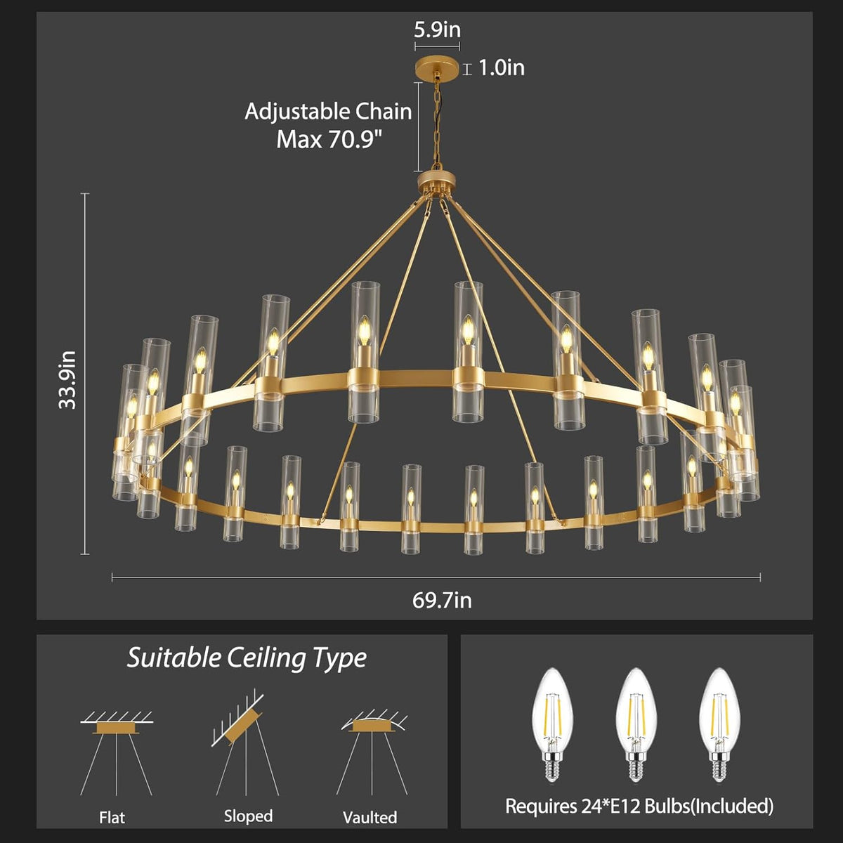 Inspired Ravelle Style Gold Wagon Wheel Chandelier, 70 Inch Glass Chandeliers, 24 Light Chandelier for High Ceiling, Modern Farmhouse Chandeliers for Living Room, Dining Room, Entryway, Stairwell (Bulbs Included)