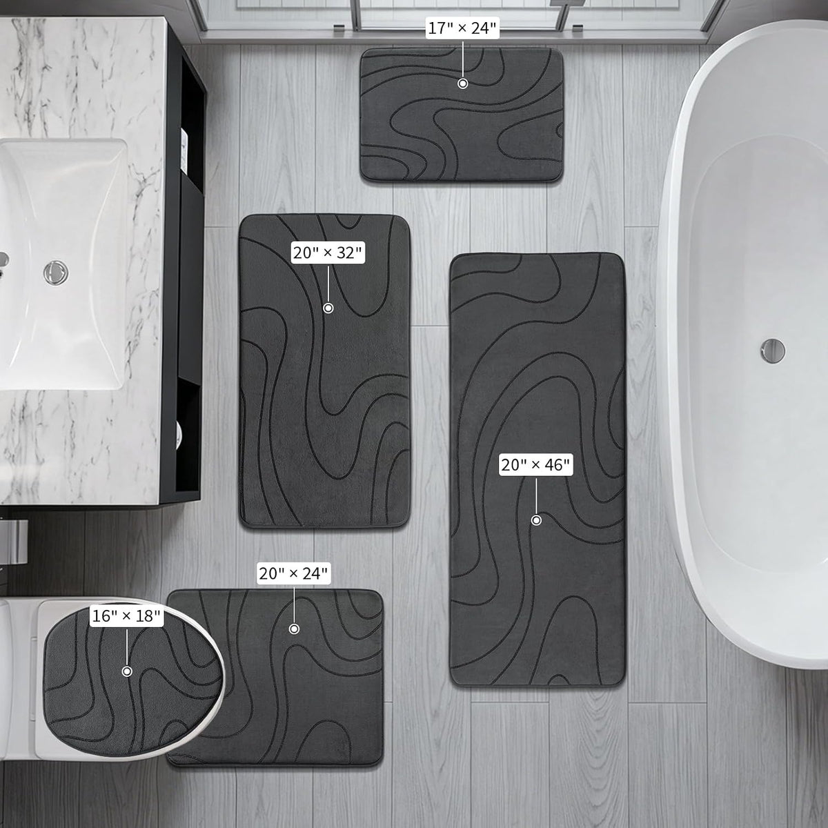 Bathroom Rugs Sets 5 Piece - Thick Memory Foam Bath Mat, Dark Grey | Ultra Soft, Extra Thick, Super Absorbent, Non