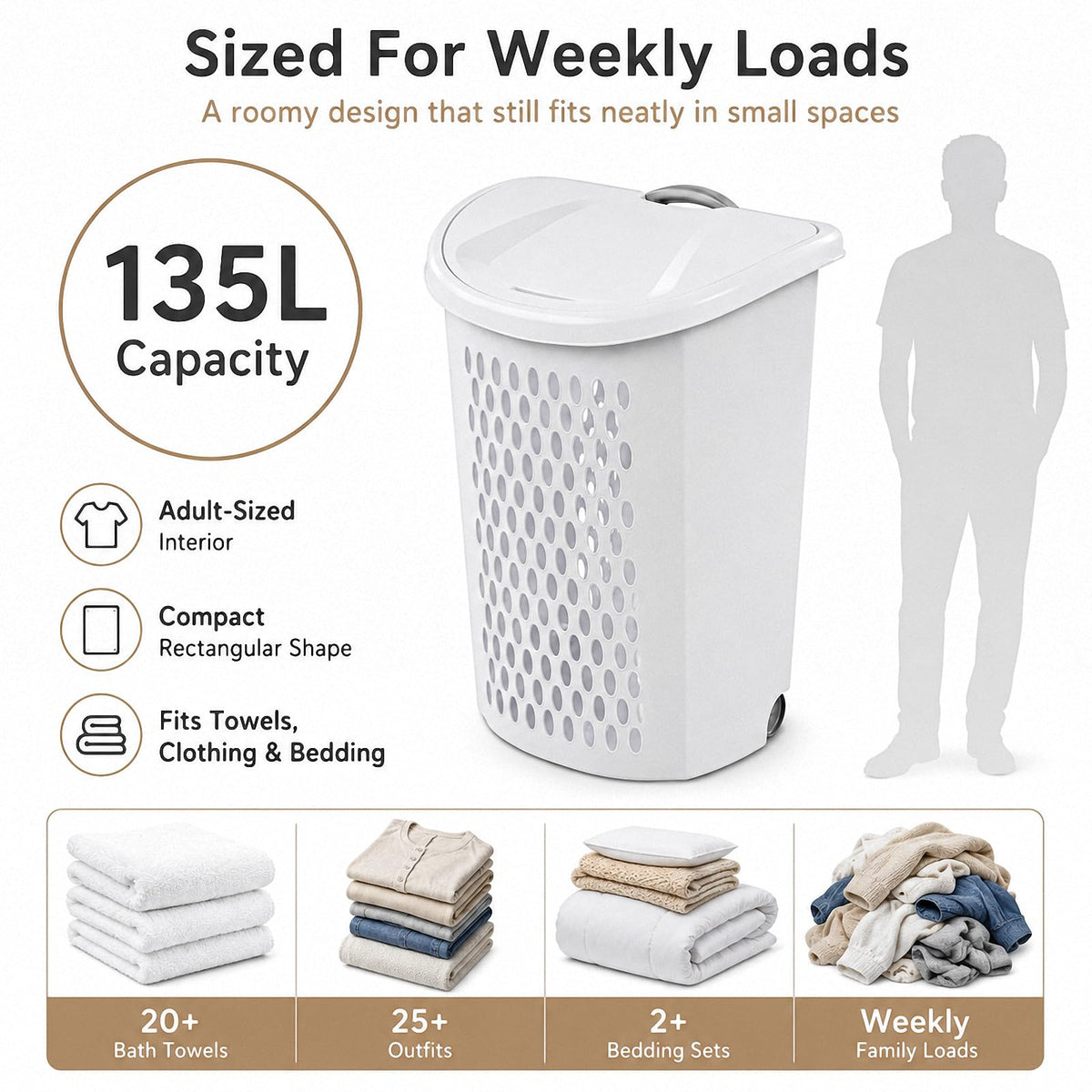 135L Wheeled Plastic Laundry Hamper, Ultra Wheeled Clothes Laundry Basket