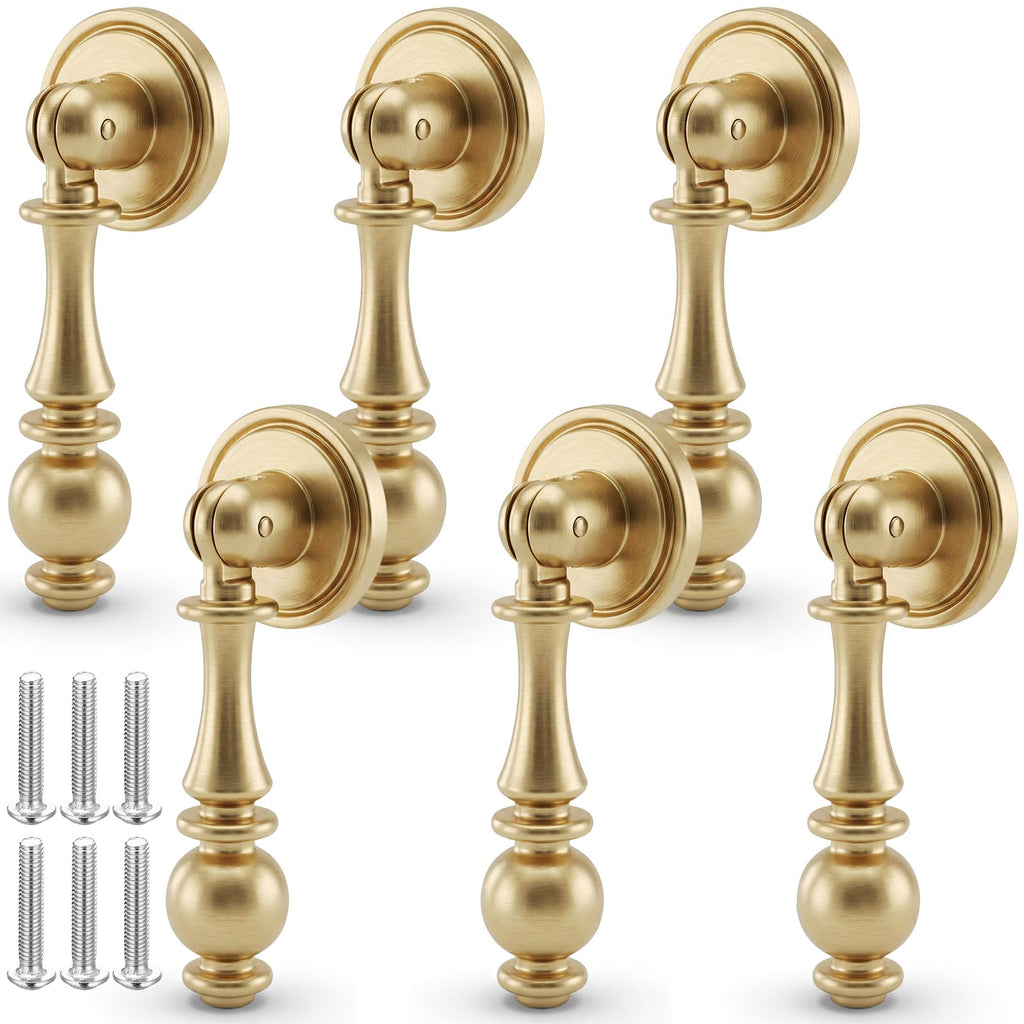 6 Pack Solid Brass Drop Cabinet Pulls 2.5 Inch, Brushed Gold Cabinet Knobs for Dresser and Drawers, Decorative