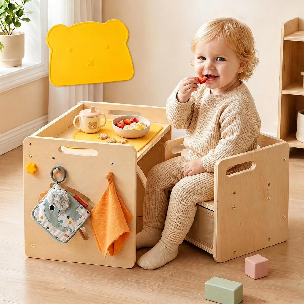 Table and Chair Set - Adjustable Toddler Weaning Table with Storage Box & Table Mat, Baby Furniture Gift for 1-3 Year