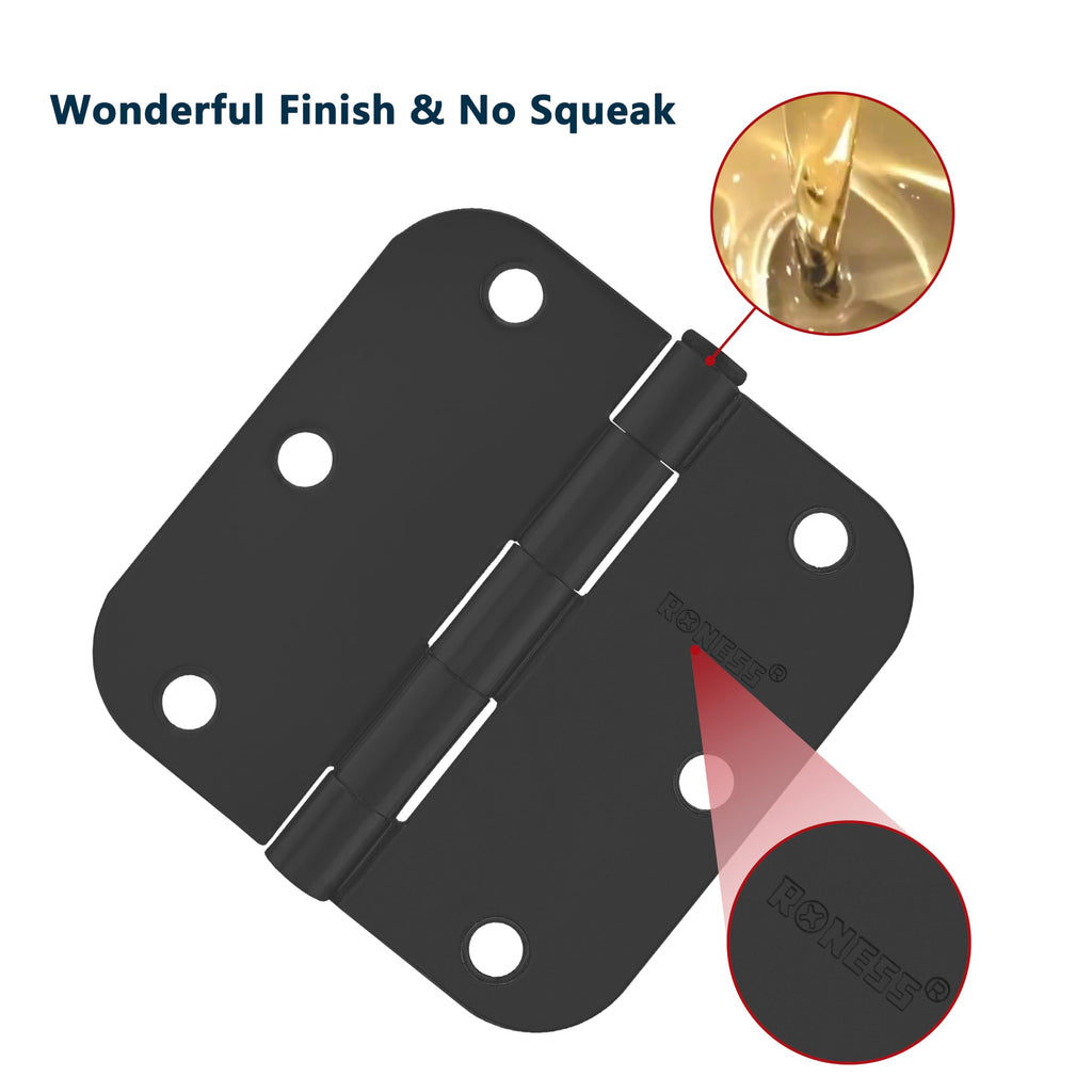 18 Pack Matte Black Door Hinges 3.5 Inch, 5/8" Radius Rounded, Standard Residential for Doors 3 1⁄2", Sturdy Hinges