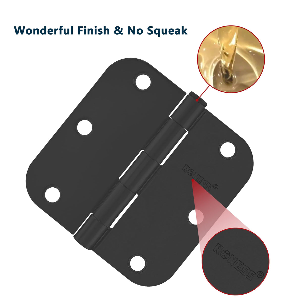 18 Pack Matte Black Door Hinges 3.5 Inch, 5/8" Radius Rounded, Standard Residential for Doors 3 1⁄2", Sturdy Hinges
