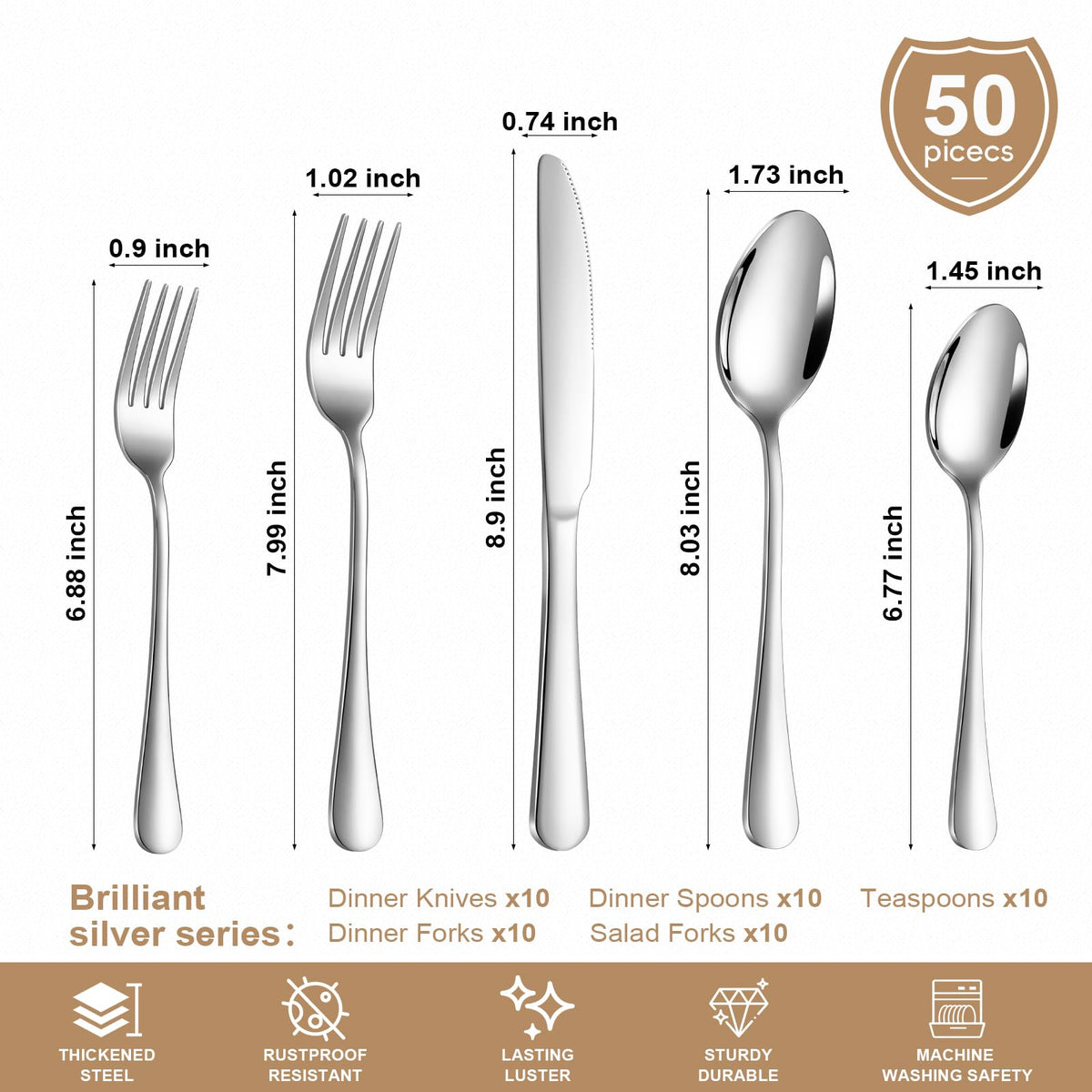 50-Piece Silverware Set for 10, Food Grade Stainless Steel Flatware Set, Mirror Polished Cutlery Utensil Set with