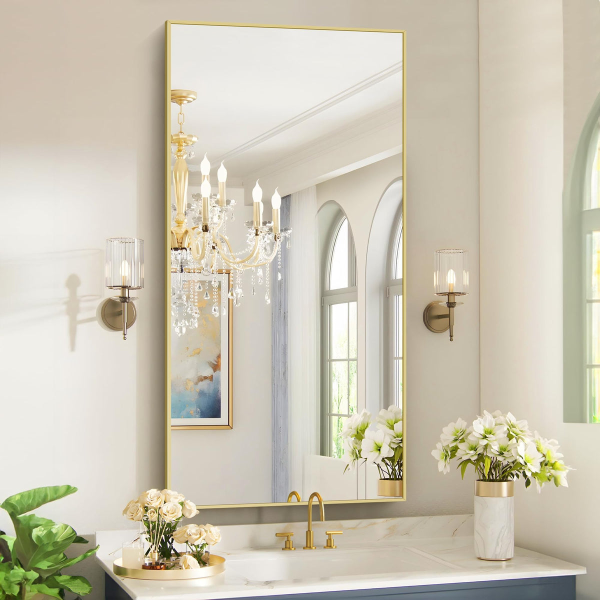 Gold Bathroom Mirror for Wall, Brushed Gold Rectangle Mirrors with Metal Frame, Bathroom Rectangular Mirror