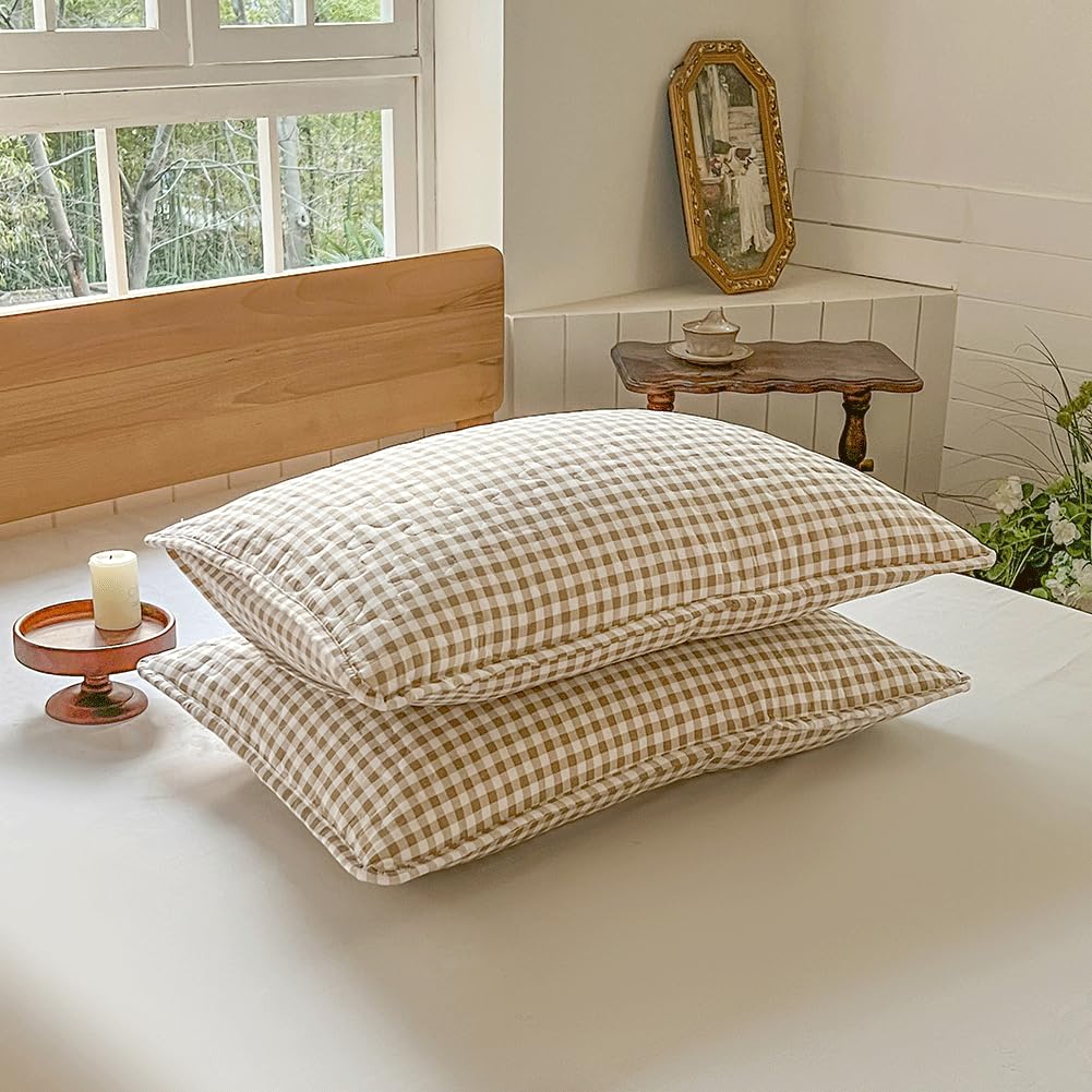 Tan Gingham Summer Bedspread Quilt Set