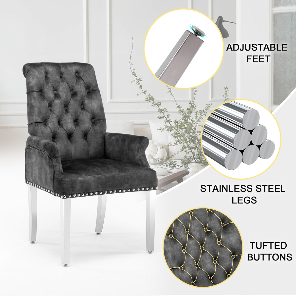 Velvet Dining Chair, Kitchen Arm Chair, Dark Grey