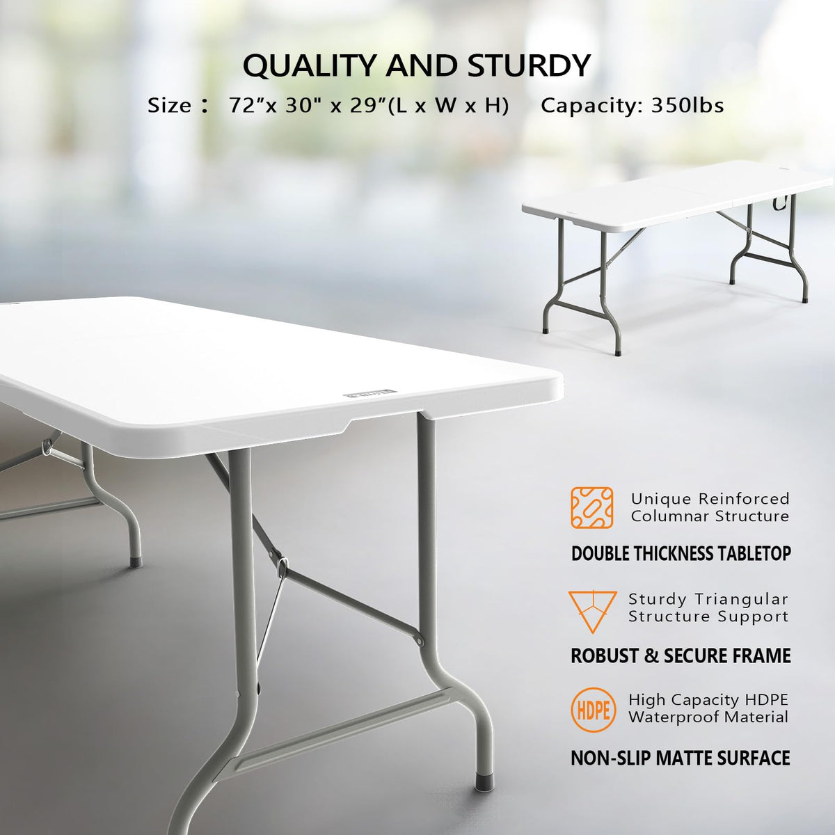 6 Foot Plastic Folding Table Portable Long Table for Indoor Outdoor Use Rectangular with Carrying Handle, Smooth HDPE