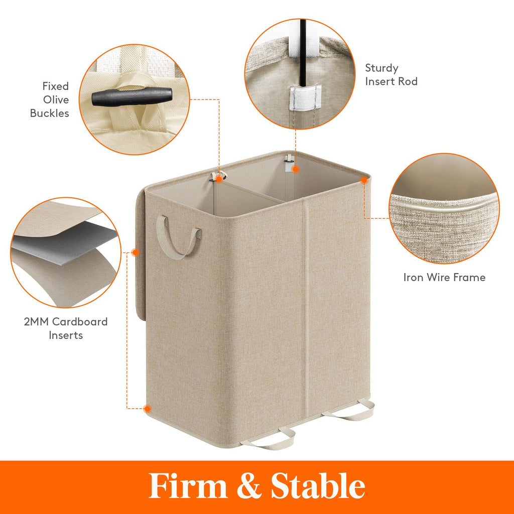 Double Laundry Hamper with Lid, Removable Laundry Bags, Beige