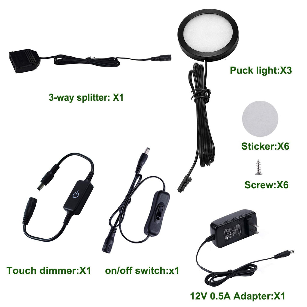 Under Cabinet LED Black Cover Puck Lighting Kit with Touch Dimmer Switch Cupboard Closet Lighting (3 Lights,Warm