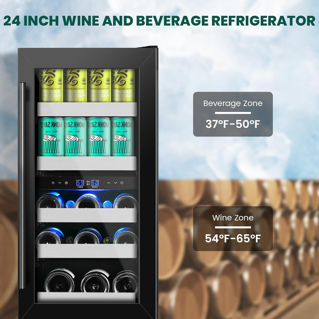 15 Inch Wine and Beverage Refrigerator,13 Bottle & 48 Cans Black Dual Zone Beverage Refrigerator
