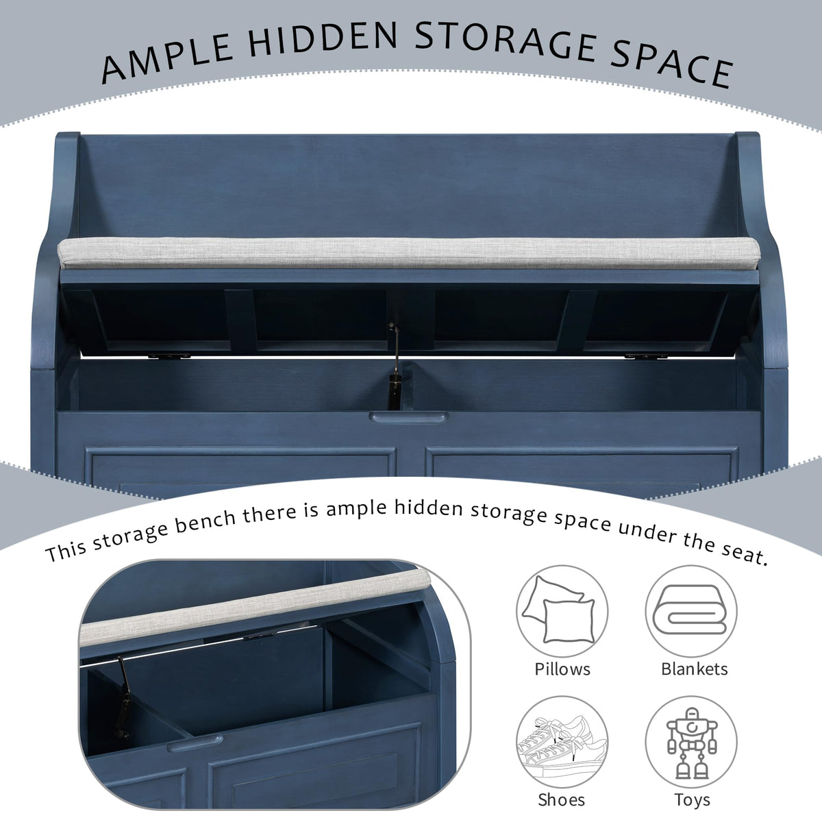 42" Rustic Storage Bench Entryway Bench Shoe Cabinet Ottoman (Antique Navy)