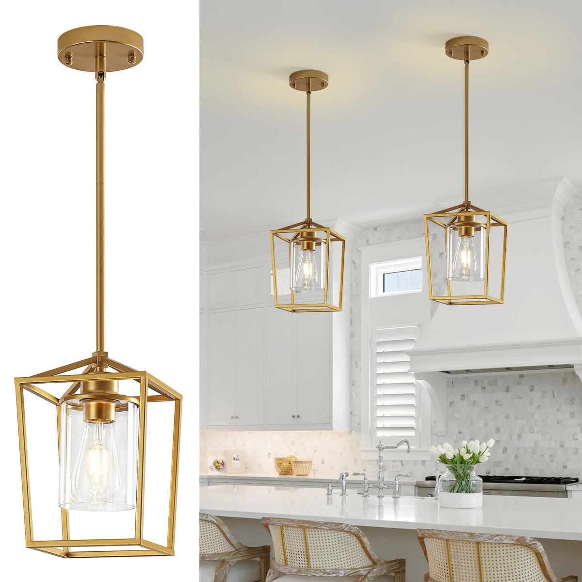 2 Pack Gold Pendant Lights Kitchen Island, Modern Farmhouse Kitchen Pendant Light Fixtures, Metal Cage Island Lights