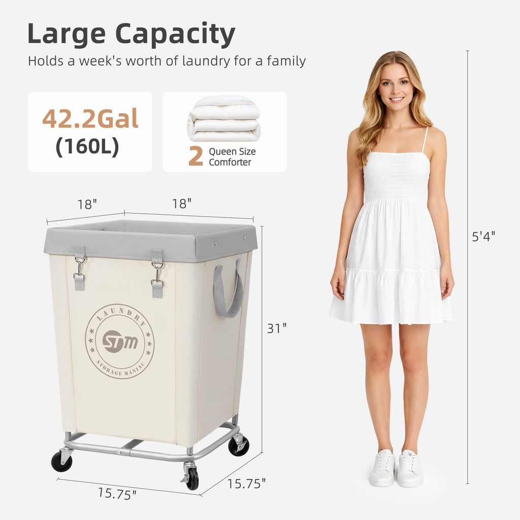 Commercial Laundry Hamper with Heavy Duty Steel Frame, 160 L Industrial Clothes Basket Cart with Wheels for Big