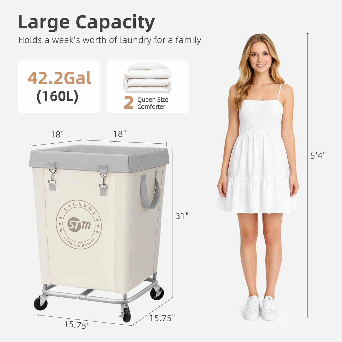 Commercial Laundry Hamper with Heavy Duty Steel Frame, 160 L Industrial Clothes Basket Cart with Wheels for Big