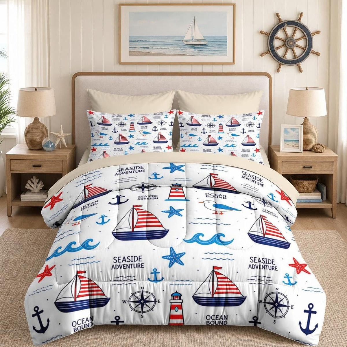 Comforter Set with Sheets, 7 Pieces Beach Ocean Bedding