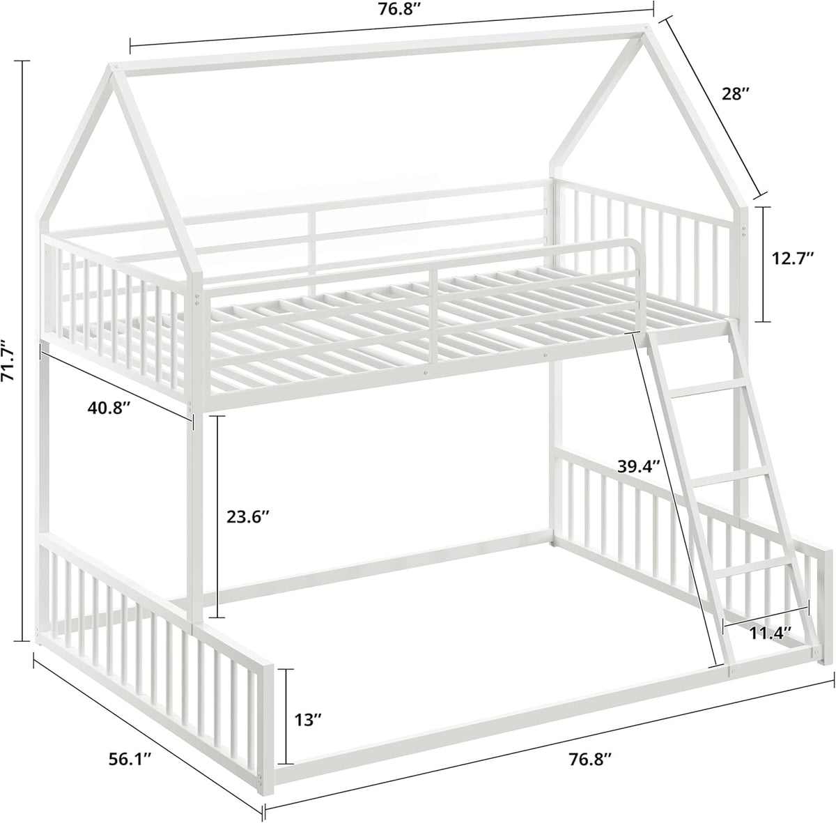 Bunk Bed Twin Over Full, House Bunk Bed Frame with Ladder and Guardrail