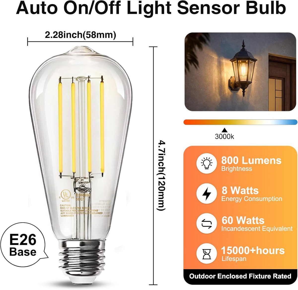 Dusk to Dawn Light Bulbs Outdoor ST58 Edison Bulbs LED, 3000K 4 Pack