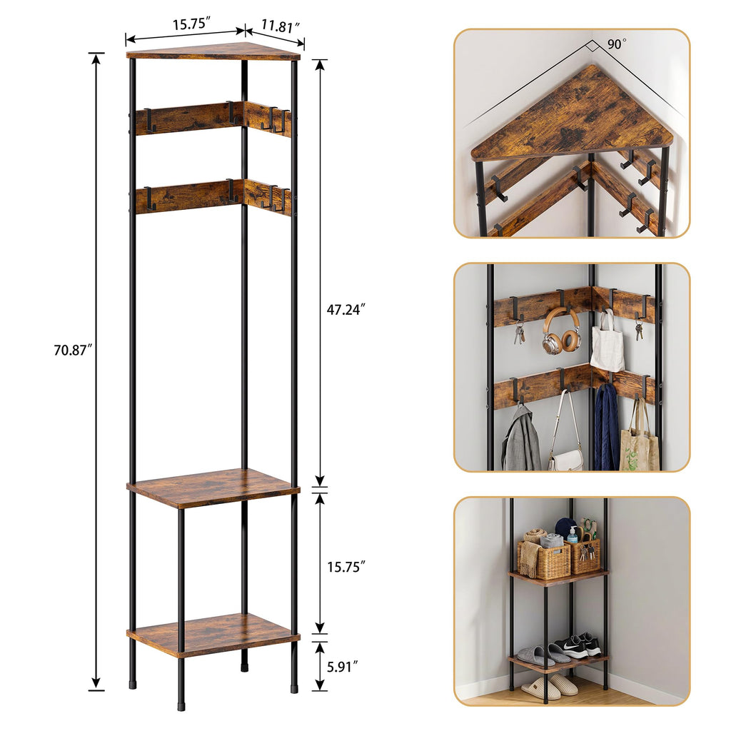 Corner Coat Rack Freestanding with Shelves and 8 Hooks, Rustic Brown