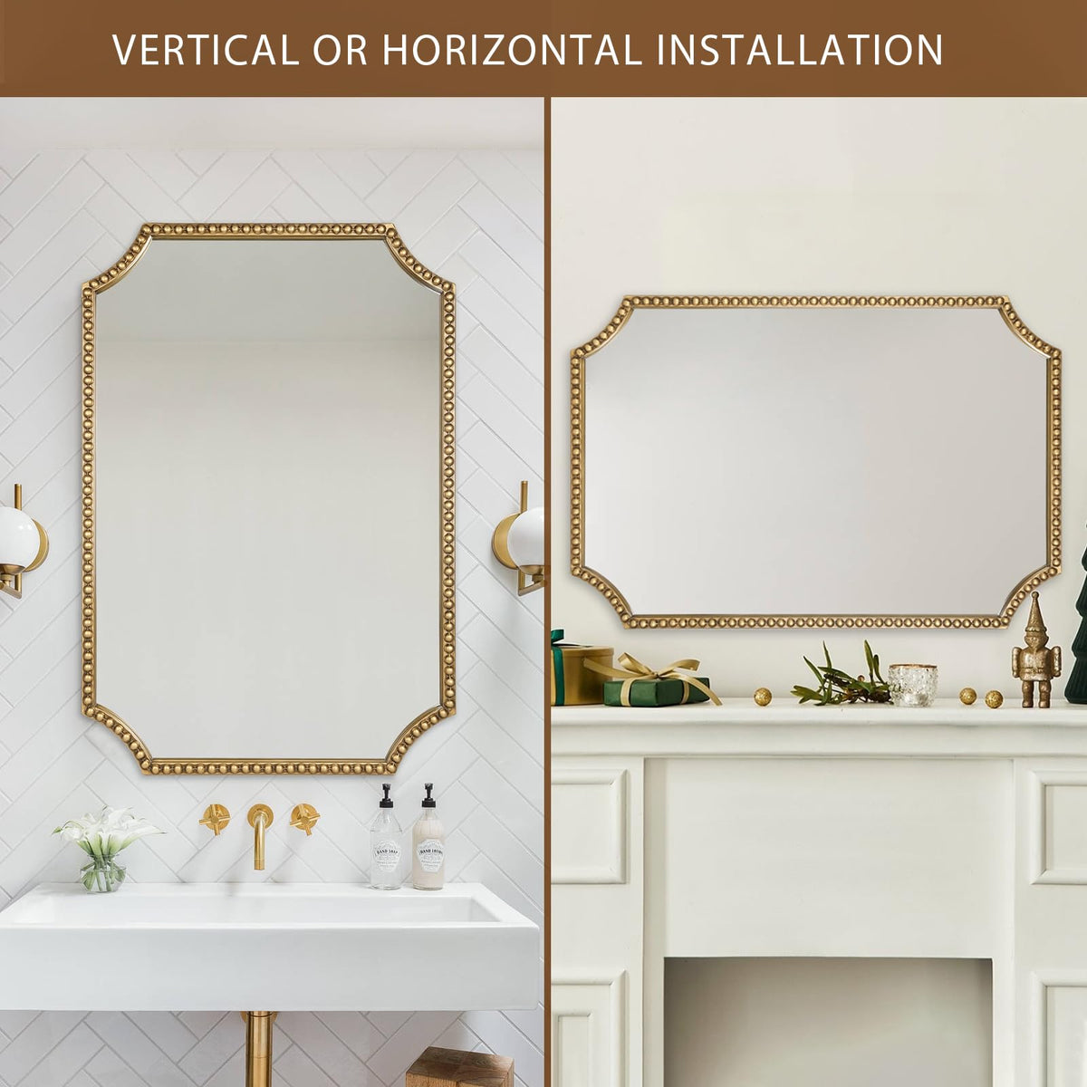 30"x40" Mirror for Wall, Full Scalloped Corners Rectangle Decorative Mirror, Metal Beaded Frame Accent Wall Decor
