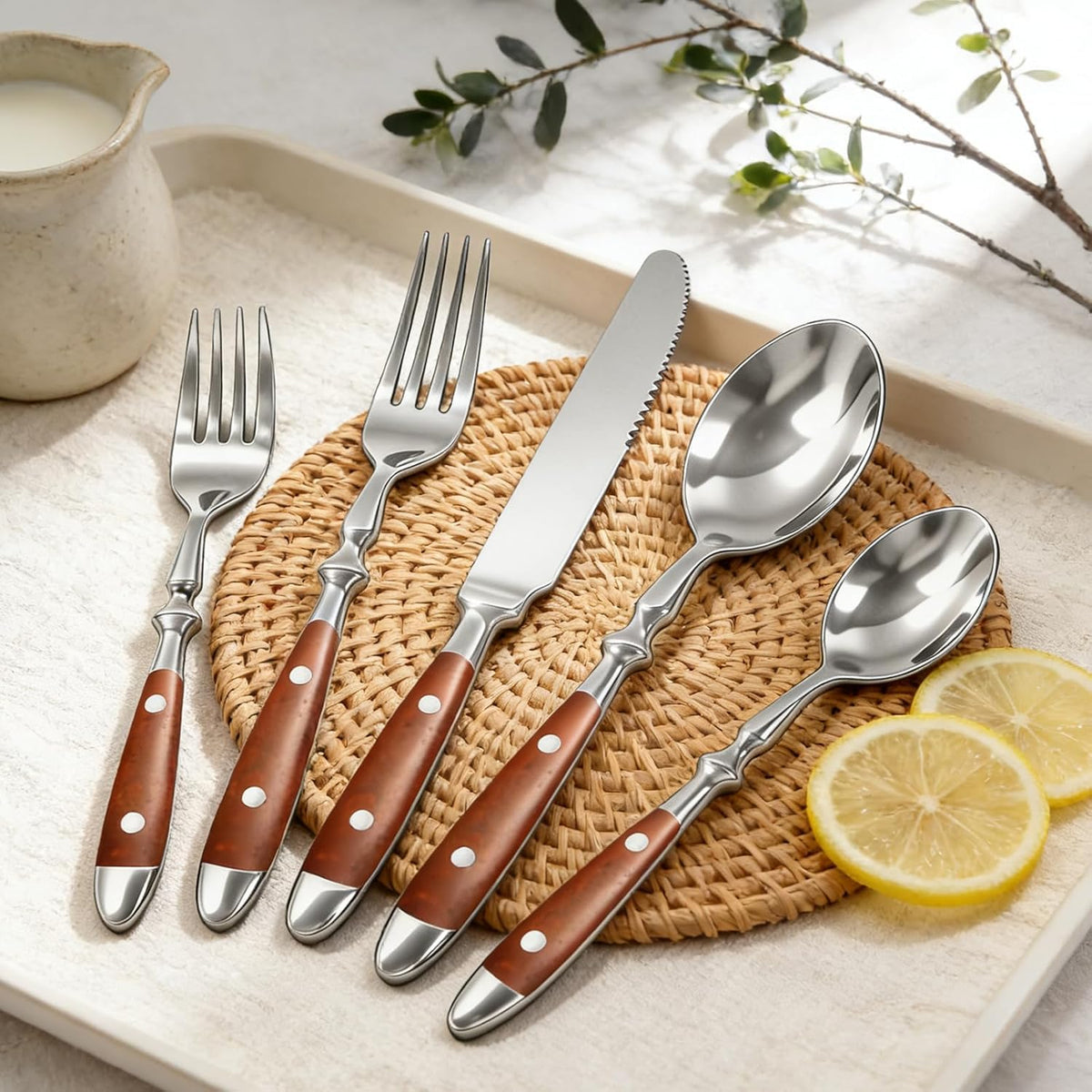 Brown Silverware Set, Flatware Set with Brown Bakelite Handle, 20pcs